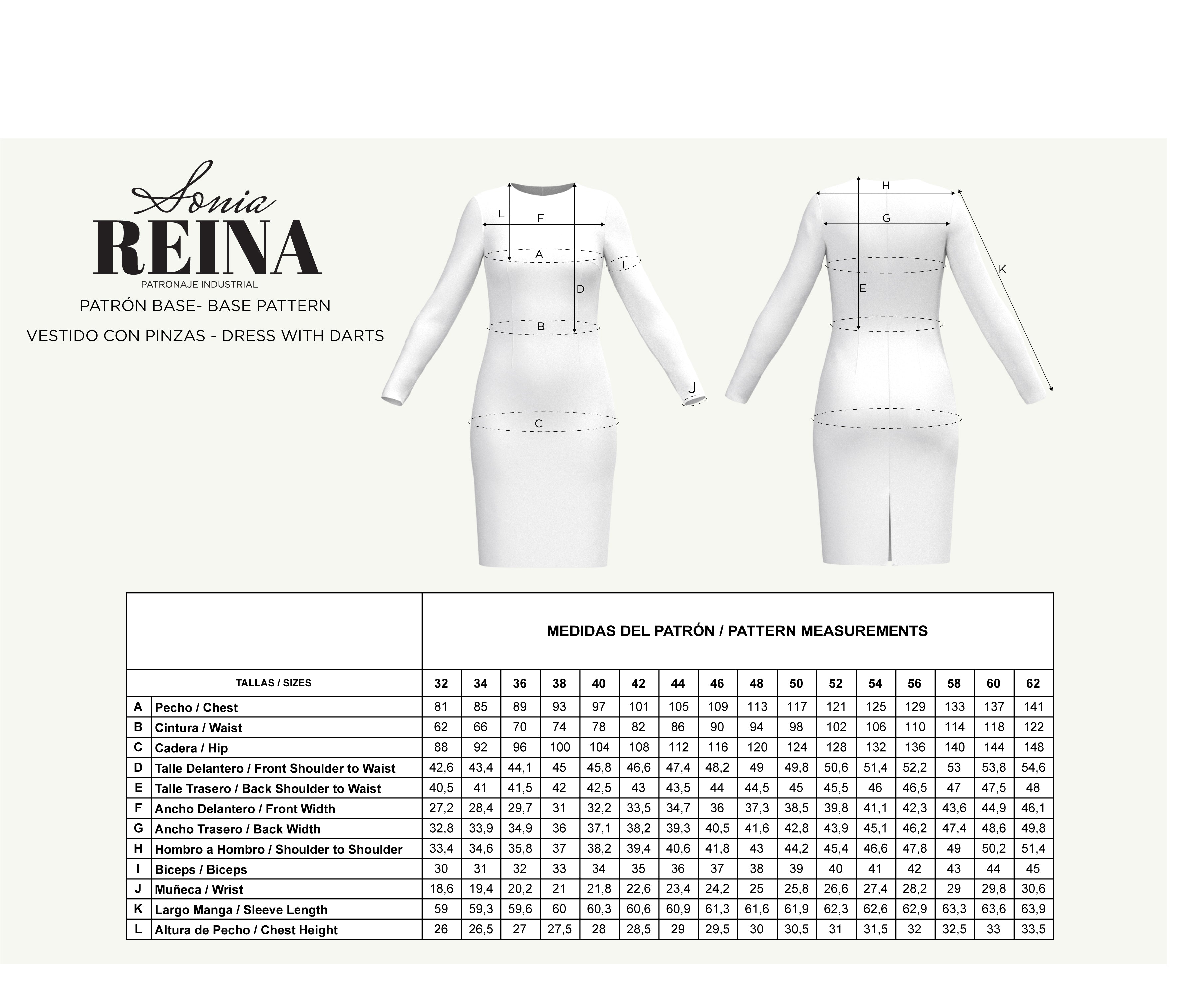 Patrón Base Vestido con Pinzas desde la Talla 32 a la Talla 62